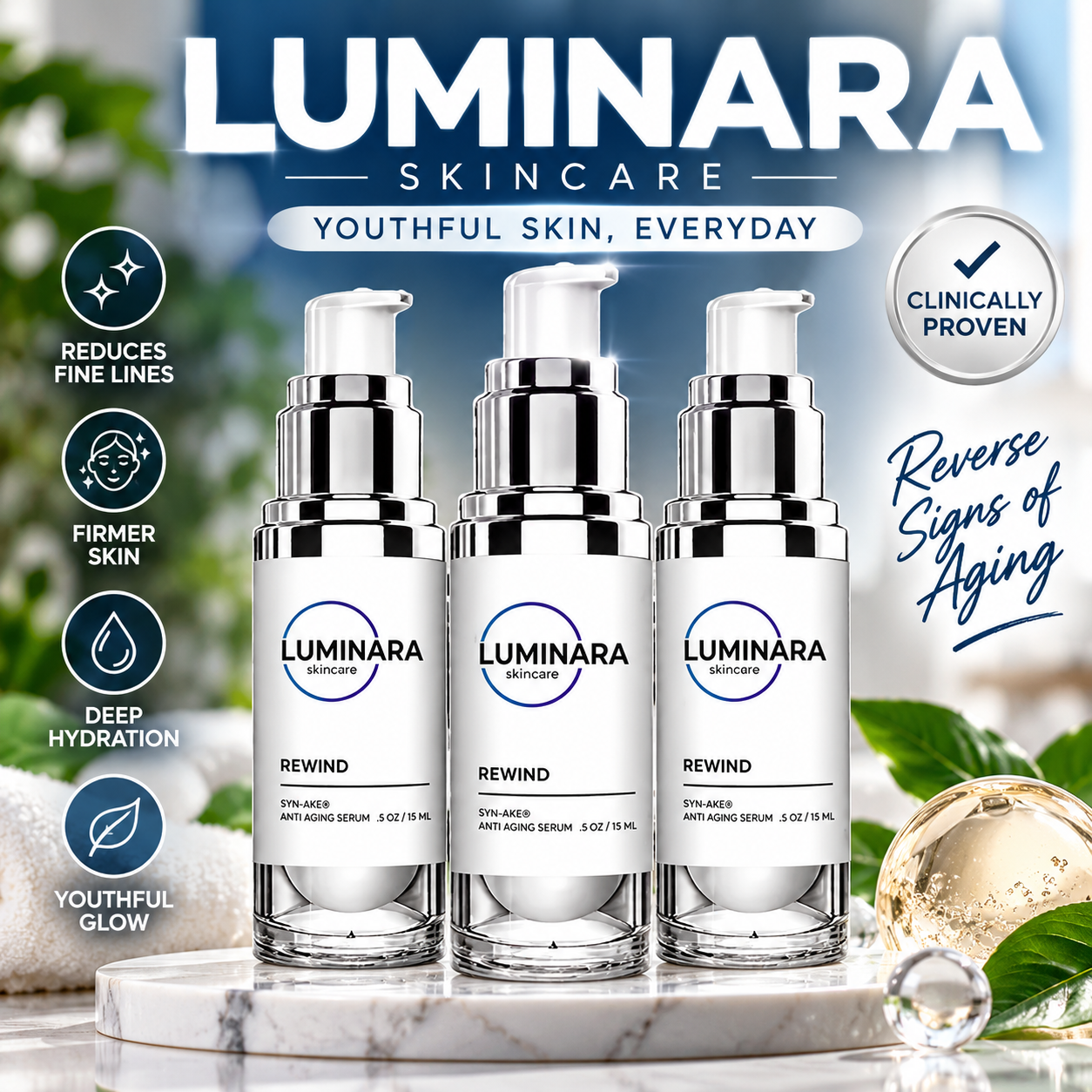 Luminara Rewind anti-aging facial serum bottles